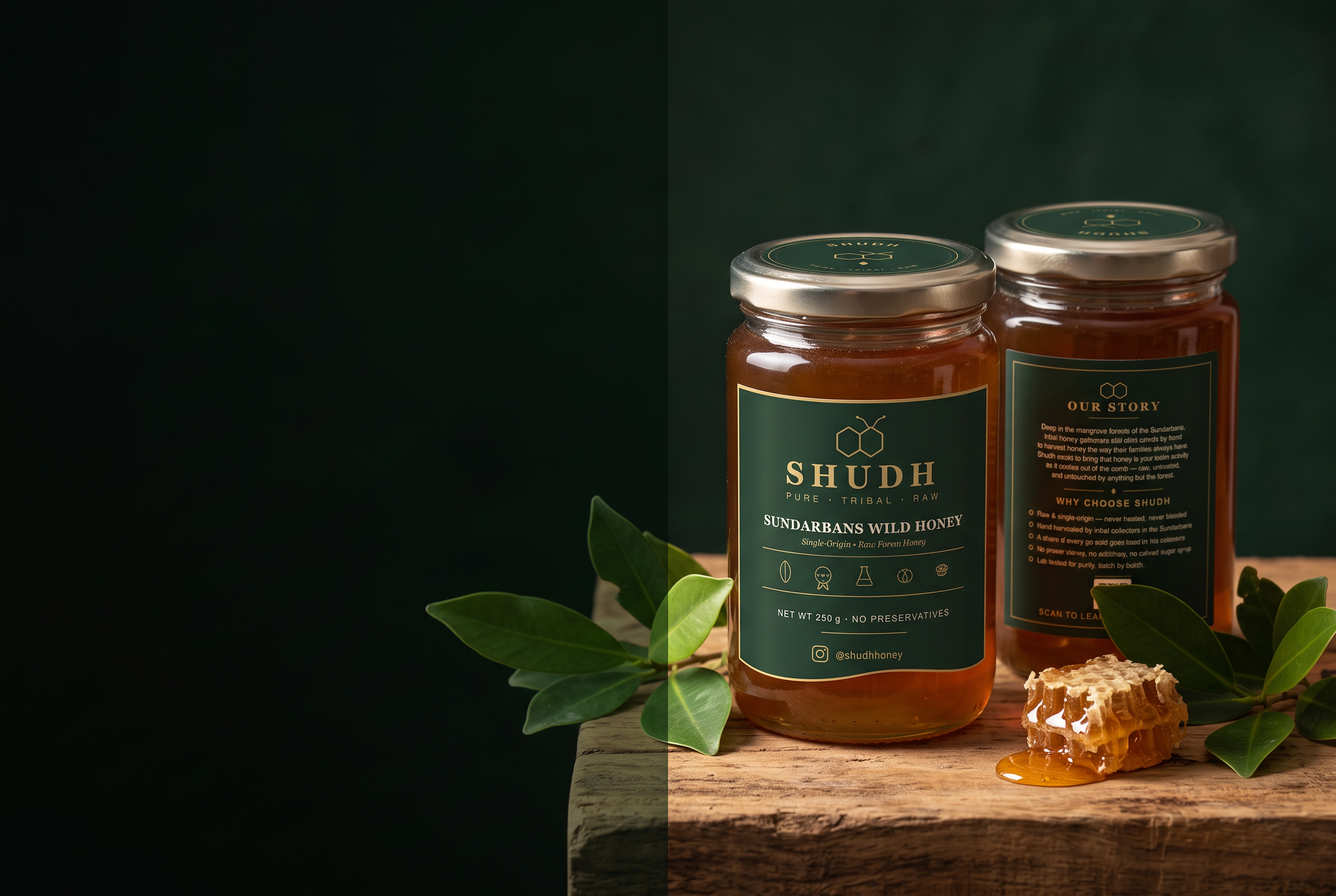 Shudh raw forest honey bottles with the green and gold brand labels